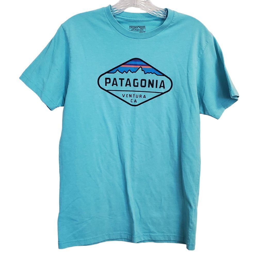Patagonia T shirt Mens Sz S Slim Fit Logo outdoor 50/50 organic Cotton Turquoise